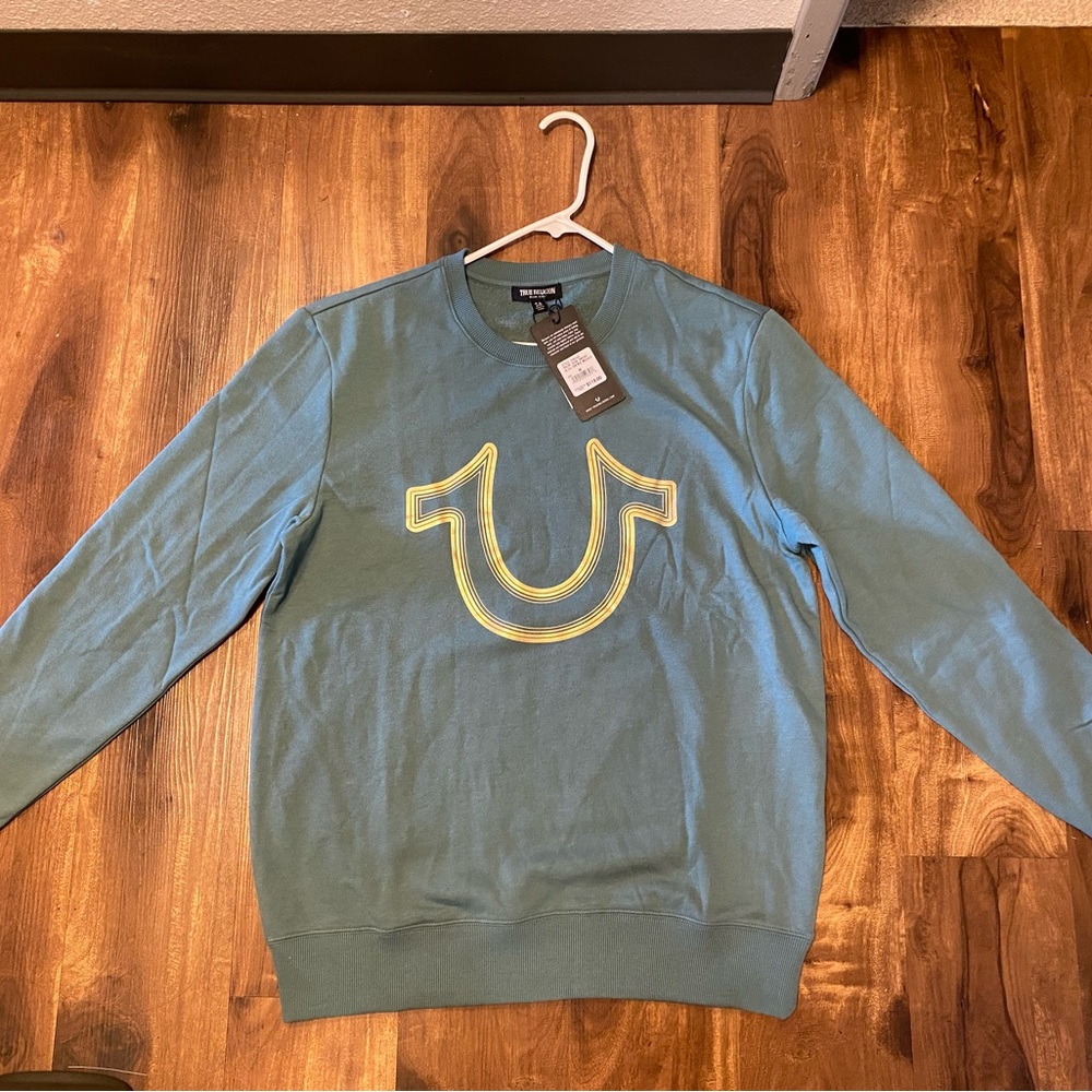 True Religion Teal Crewneck with Yellow Horseshoe Logo